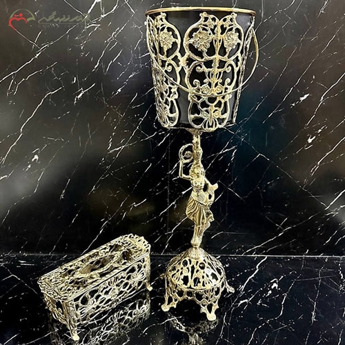 خرید، قیمت و مشخصات سطل و جا دستمالی بزرگ و مدرن برنزی، طرح بانو ایستاده و گل یاس زیر قیمت | چترزندگی