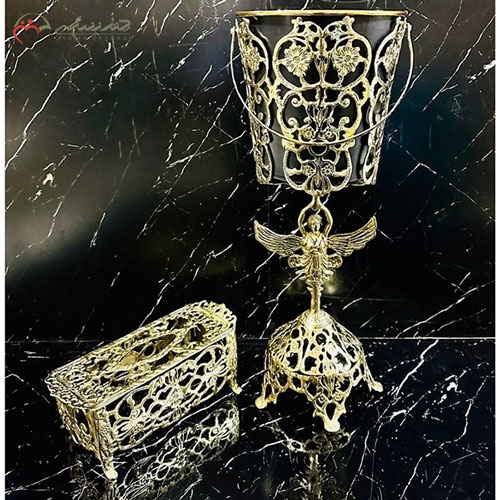 خرید، قیمت و مشخصات سطل و جا دستمالی بزرگ و شیک برنزی، طرح بانوی بالدار و گل یاس زیر قیمت | چترزندگی