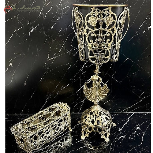 خرید، قیمت و مشخصات سطل و جا دستمالی بزرگ جدید و لوکس برنزی، با طرح پرنسس و گل یاس زیر قیمت | چترزندگی