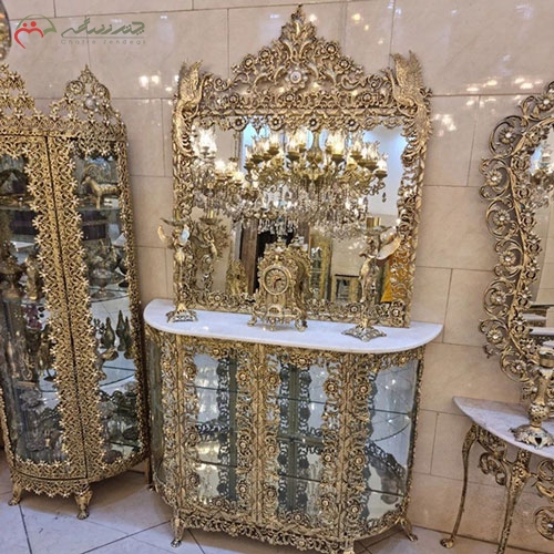 خرید، قیمت و مشخصات آینه و کنسول برنز با کیفیت و لوکس طرح ققنوس نیم گرد با سنگ مرمر درجه یک | چترزندگی