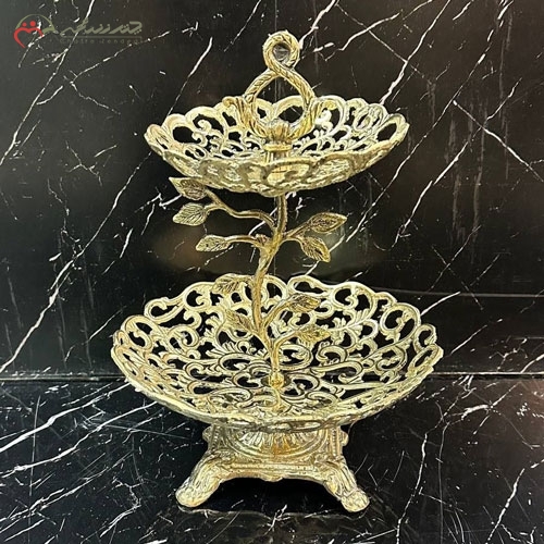 خرید، قیمت و مشخصات ظرف شیرینی خوری برنزی جدید و شیک دو طبقه با بدنه گل رز و بشقاب کوچک زیر قیمت | چترزندگی