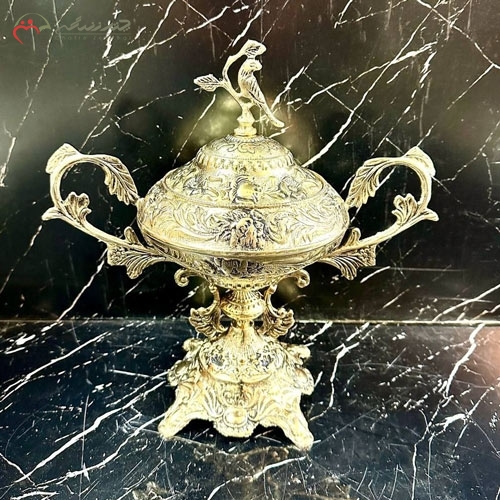 خرید، قیمت و مشخصات ظرف شکلات خوری شیک و لوکس برنزی بزرگ و دسته دار، با طرح قناری زیر قیمت | چترزندگی