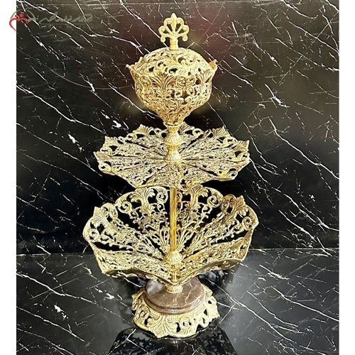 خرید، قیمت و مشخصات ظرف میوه خوری و شکلات خوری برنزی لوکس و جدید طرح گل لاله و پایه سنگی زیر قیمت | چترزندگی