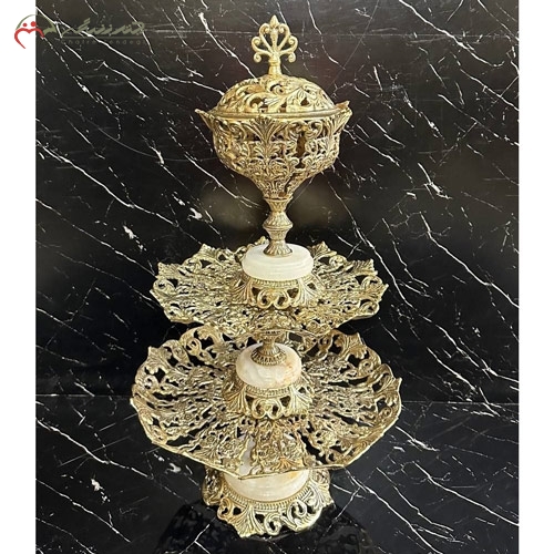 خرید، قیمت و مشخصات ست پذیرایی میوه خوری و شکلات خوری لاکچری و امروزی سه طبقه با پایه های سنگی سفید زیر قیمت | چترزندگی