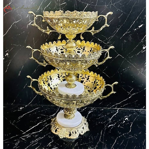 خرید، قیمت و مشخصات میوه خوری سه طبقه برنزی مدرن و لاکچری، با طرح پایه های سنگی سلطنتی زیر قیمت | چترزندگی