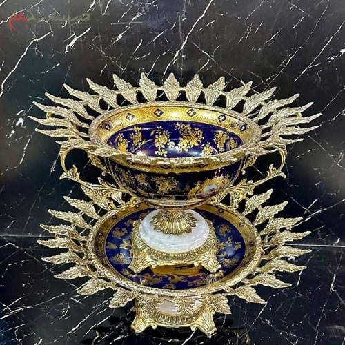 خرید، قیمت و مشخصات کاسه و بشقاب دو طبقه برنزی و سنگی امروزی و شیک طرح برگ برجسته زیر قیمت | چترزندگی