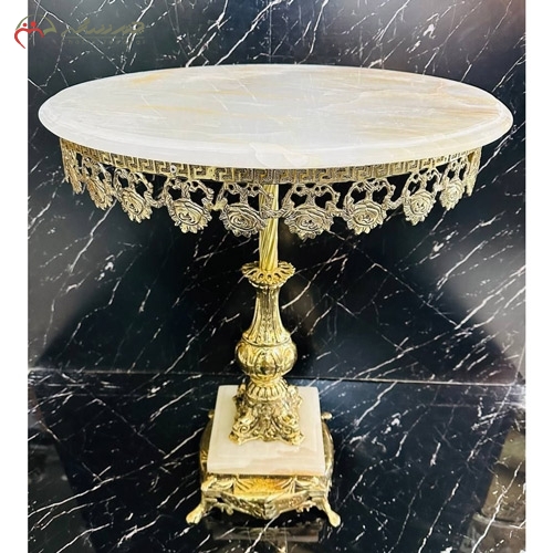 خرید، قیمت و مشخصات میز برنزی به روز و شیک طرح ستون پرکار و صفحه و پایه ساعتی سنگی زیر قیمت | چترزندگی