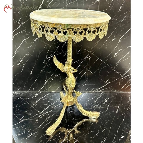 خرید، قیمت و مشخصات میز برنزی لاکچری و جدید صفحه سنگی مرمر طرح ملکه شاه ماهی طلایی رنگ زیر قیمت | چترزندگی