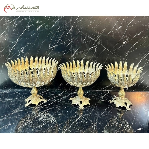 خرید، قیمت و مشخصات ست سه تیکه پذیرایی برنزی جدید طرح برگی بلند طلایی رنگ زیر قیمت | چترزندگی