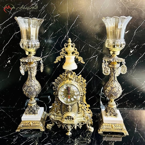 خرید، قیمت و مشخصات ست ساعت کنت و شمعدان دایکاست سلطنتی برنزی لاکچری و جدید، پایه سنگی زیر قیمت | چترزندگی