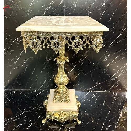 خرید، قیمت و مشخصات میز مربع لوکس و مدرن برنزی و سنگ مرمر، طرح گل اسلیمی صفحه و پایه سنگی زیر قیمت | چترزندگی