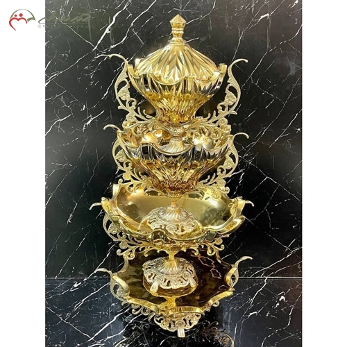 خرید، قیمت و مشخصات ست پذیرایی جدید میوه خوری آجیل خوری و شکلات و شیرینی خوری الیزه طلایی رنگ زیر قیمت | چترزندگی