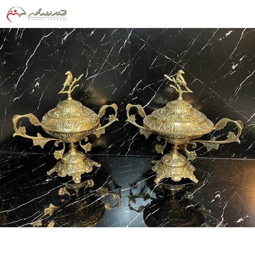 خرید، قیمت و مشخصات ظرف شکلات خوری دسته دار بزرگ و کوچک برنزی جدید و لوکس طرح قناری زیر قیمت | چترزندگی