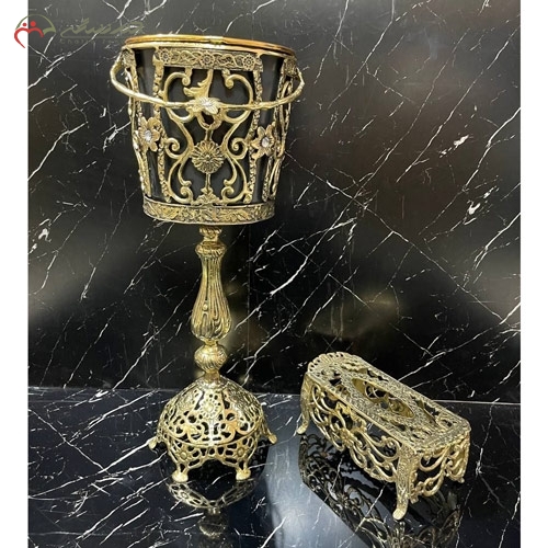 خرید، قیمت و مشخصات جا دستمال کاغذی و سطل ستونی برنزی شیک و جدید مدل گل نرگس طلایی زیر قیمت | چترزندگی