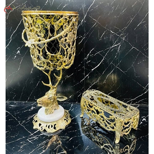 خرید، قیمت و مشخصات جا دستمال کاغذی و سطل برنزی به روز و شیک طرح گوزن با پایه سنگی سفید زیر قیمت | چترزندگی