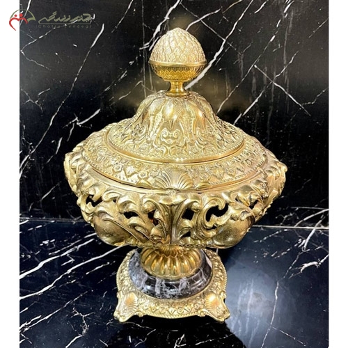 خرید، قیمت و مشخصات ظرف شکلات خوری در دار برنزی جدید و زیبا طرح گل رز برجسته طلایی رنگ زیر قیمت | چترزندگی