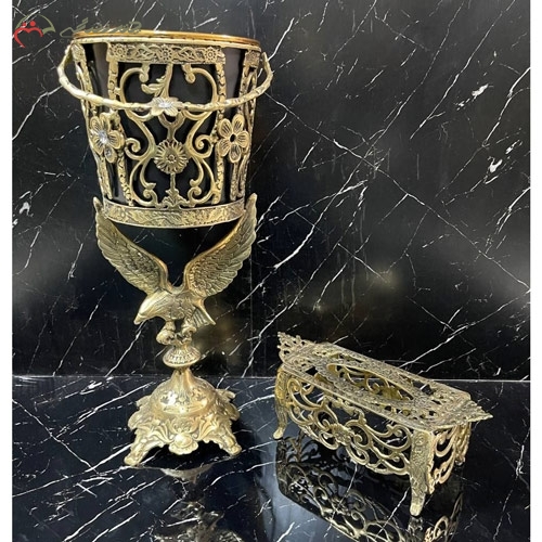 خرید، قیمت و مشخصات جا دستمال کاغذی و سطل برنزی جدید با طرح عقاب و پرکار طلایی رنگ زیر قیمت | چترزندگی