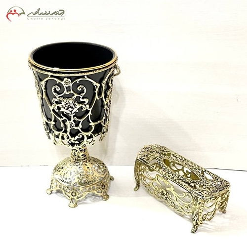 خرید، قیمت و مشخصات جا دستمال کاغذی برنزی مدرن و امروزی گل رز و سطل پایه دار طرح توری طلایی زیر قیمت | چترزندگی