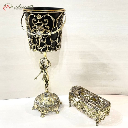 خرید، قیمت و مشخصات جا دستمال کاغذی و سطل پایه دار برنزی جذاب و امروزی طرح گل رز بانو طلایی زیر قیمت | چترزندگی