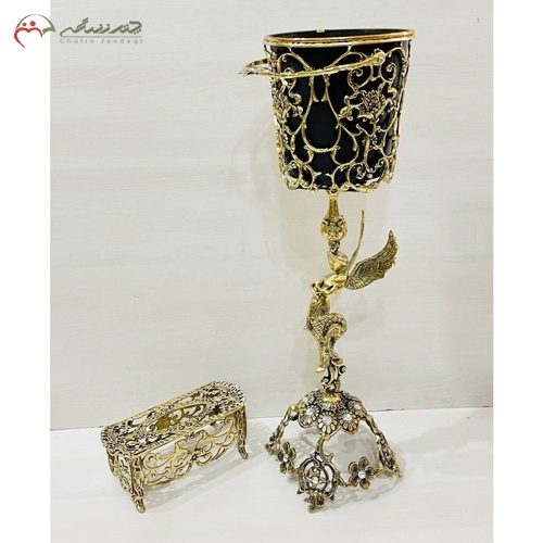 خرید، قیمت و مشخصات سطل و جا دستمال کاغذی برنزی جدید و زیبا طرح ملکه و گل رز با پایه طرح گل یاس زیر قیمت | چترزندگی