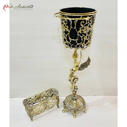 خرید، قیمت و مشخصات سطل و جا دستمال کاغذی برنزی مدرن طرح ملکه و گل رز با پایه توری شکل زیر قیمت | چترزندگی