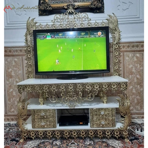 خرید، قیمت و مشخصات میز تلویزیون ام دی اف برنزی امروزی و با کیفیت پر قلم و برجسته همراه با قاب تلویزیون زیر قیمت | چترزندگی