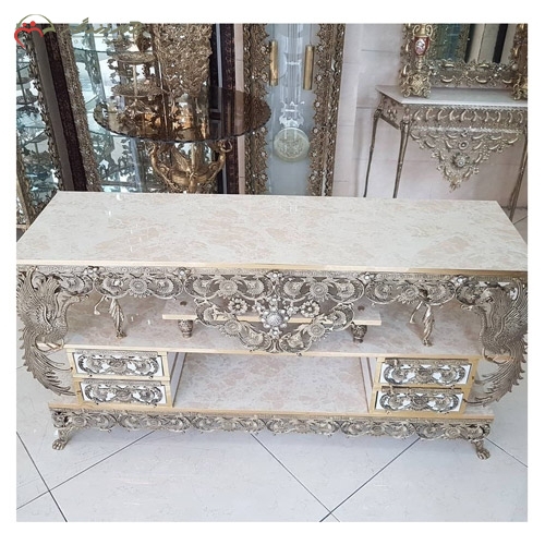 خرید، قیمت و مشخصات میز ال سی دی باکلاس و امروزی جنس ام دی اف های گلس و برنز طرح پیچک طاووس خور برجسته زیر قیمت | چترزندگی