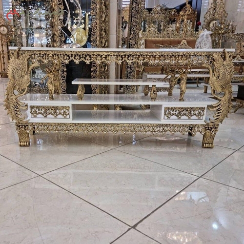 خرید، قیمت و مشخصات میز ال سی دی درجه 1 و مدرن جنس ام دی اف و برنزی طرح طاووس و گل نرگس برجسته زیر قیمت | چترزندگی