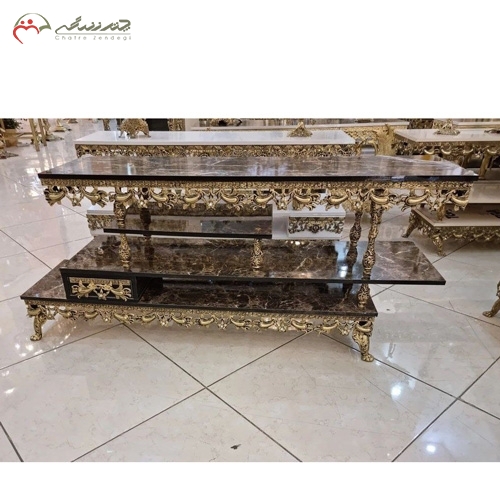 خرید، قیمت و مشخصات میز تلویزیون جنس ام دی اف و آلیاژ طرح امروزی و کلاسیک طرح گل یاس برجسته زیر قیمت | چترزندگی