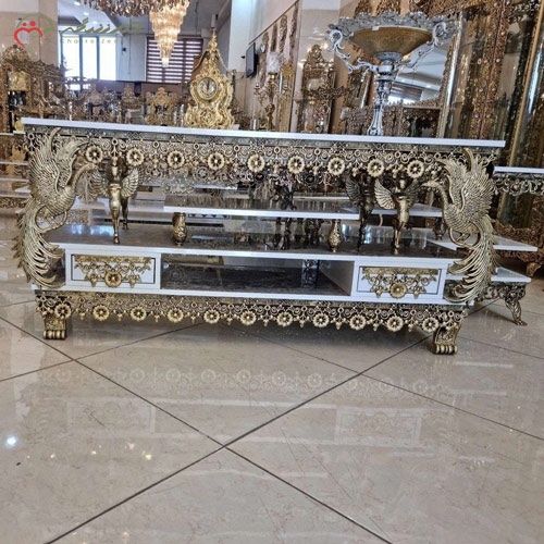 خرید، قیمت و مشخصات آینه میز تلویزیون جنس برنزی و ام دی اف طرح جدید و لاکچری، طرح گل آفتابگردان و طاووس زیر قیمت | چترزندگی