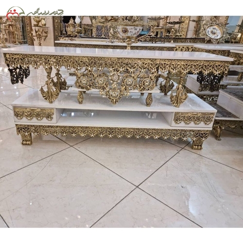 خرید، قیمت و مشخصات میز تلویزیون برنزی جذاب و امروزی با چوب ام دی اف، طرح گل یاس و ملکه زیر قیمت | چترزندگی