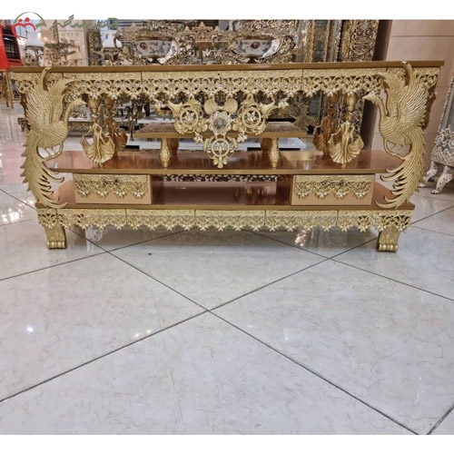 خرید، قیمت و مشخصات میز ال سی دی مستطیلی برنزی شیک و مدرن با چوب ام دی اف طلایی، طرح طاووس و ملکه زیر قیمت | چترزندگی