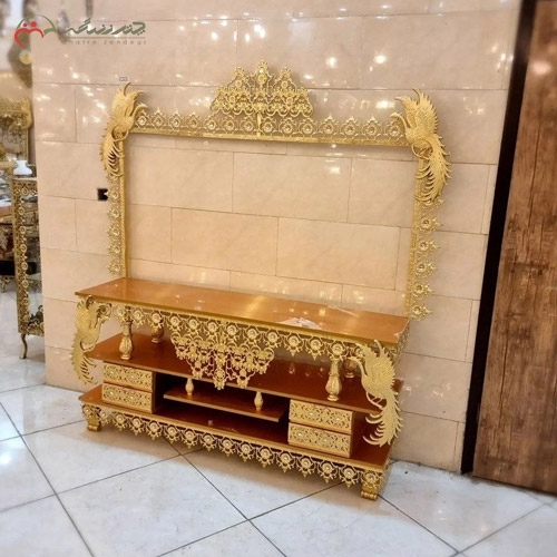 خرید، قیمت و مشخصات میز و قاب تلویزیون برنزی لاکچری و امروزی با چوب ام دی اف طلایی، طرح طاووس زیر قیمت | چترزندگی