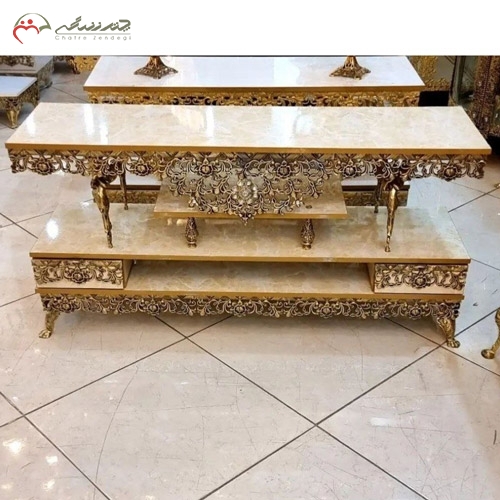 خرید، قیمت و مشخصات میز تلویزیون برنزی ساده و جدید با چوب ام دی اف هایگلس، طرح گل سرخ زیر قیمت | چترزندگی