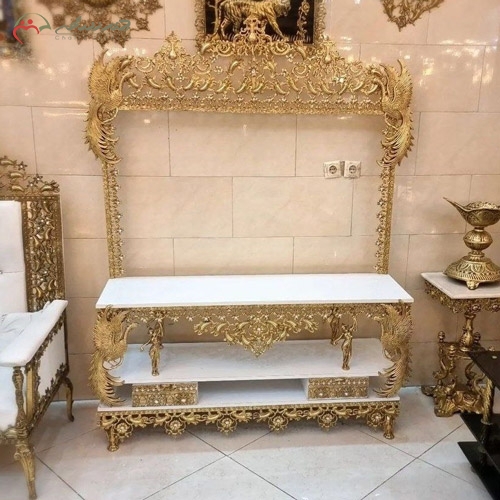 خرید، قیمت و مشخصات میز تلویزیون قابدار برنزی درجه 1 و مدرن و چوب ام دی اف سفید، طرح طاووس برجسته زیر قیمت | چترزندگی