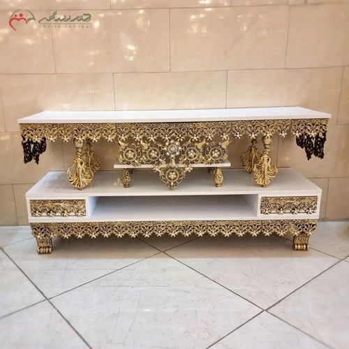 خرید، قیمت و مشخصات میز تلویزیون برنزی با ام دی اف هایگلس سفید رنگ، امروزی و شیک، مدل ملکه ایستاده زیر قیمت | چترزندگی