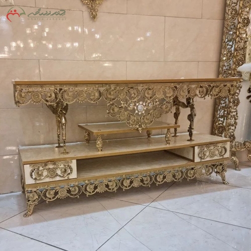 خرید، قیمت و مشخصات میز تلویزیون برنزی با ام دی اف هایگلس، درجه 1 و مدرن، مدل فرشته بالدار و پیچیک زیر قیمت | چترزندگی