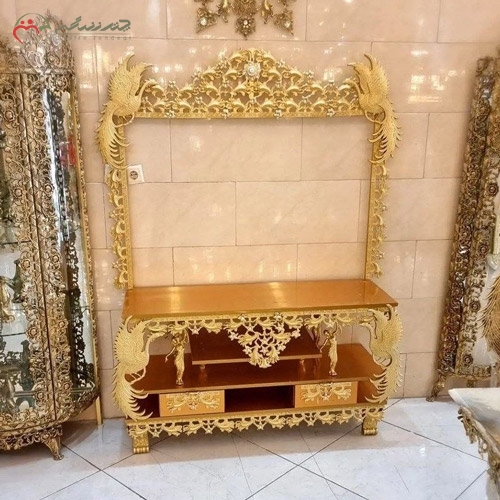 خرید، قیمت و مشخصات میز تلویزیون قابدار برنزی با چوب ام دی اف، کلاسیک و مدرن، مدل طاووس و بانو ایستاده زیر قیمت | چترزندگی