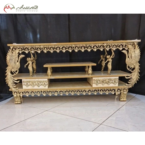 خرید، قیمت و مشخصات میز تلویزیون مدرن و لاکچری برنزی با چوب ام دی اف هایگلس، در طرح طاووس و ملکه ایستاده زیر قیمت | چترزندگی