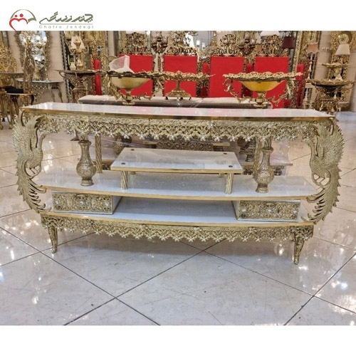 خرید، قیمت و مشخصات میز ال سی دی درجه 1 و مدرن از جنس برنزی و ام دی اف هایگلس طرح طاووس و پروانه کوچک زیر قیمت | چترزندگی