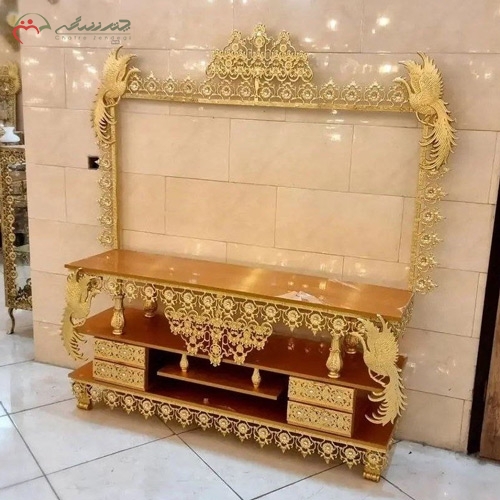 خرید، قیمت و مشخصات میز و قاب ال سی دی جدید و زیبا از جنس برنزی و ام دی اف هایگلس طرح طاووس و آفتابگردان زیر قیمت | چترزندگی