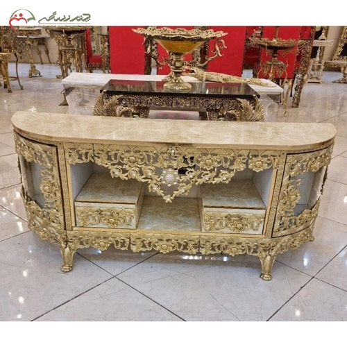 خرید، قیمت و مشخصات میز تلویزیون نیم گرد به روز و لاکچری برنزی و ام دی اف هایگلس طرح گل شیپوری زیر قیمت | چترزندگی