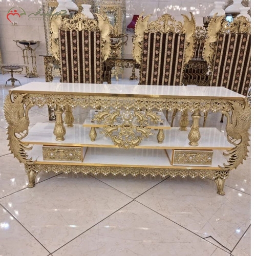 خرید، قیمت و مشخصات میز تلویزیون به روز و درجه 1 برنزی و چوب ام دی اف مدل گل سرخ و طاووس زیر قیمت | چترزندگی