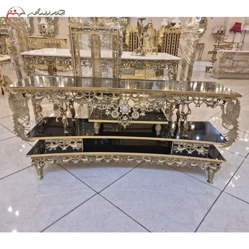 خرید، قیمت و مشخصات میز تلویزیون نیم گرد مدرن و لاکچری برنزی و چوب ام دی اف هایگلس مدل ملکه ایستاده زیر قیمت | چترزندگی