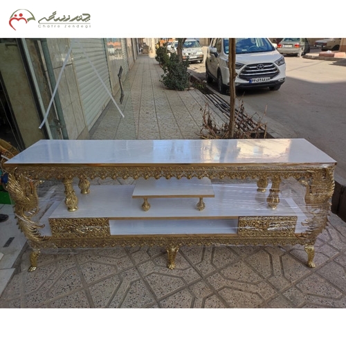 خرید، قیمت و مشخصات میز تلویزیون لاکچری و امروزی از جنس آلیاژ و ام دی اف طرح طاووس تاجدار و گل زیر قیمت | چترزندگی