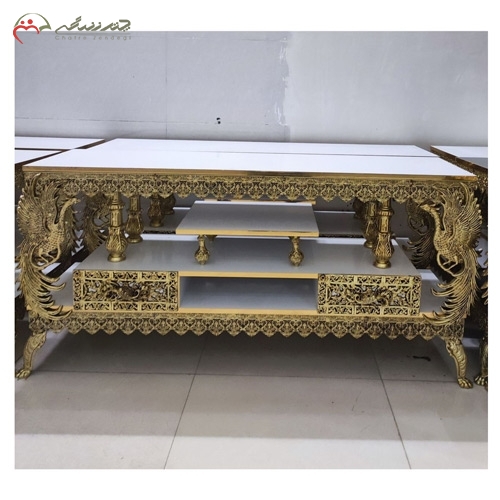 خرید، قیمت و مشخصات میز تلویزیون به روز و لوکس از جنس آلیاژ و ام دی اف هایگلس، کشو بغل طرح طاووس تاجدار زیر قیمت | چترزندگی