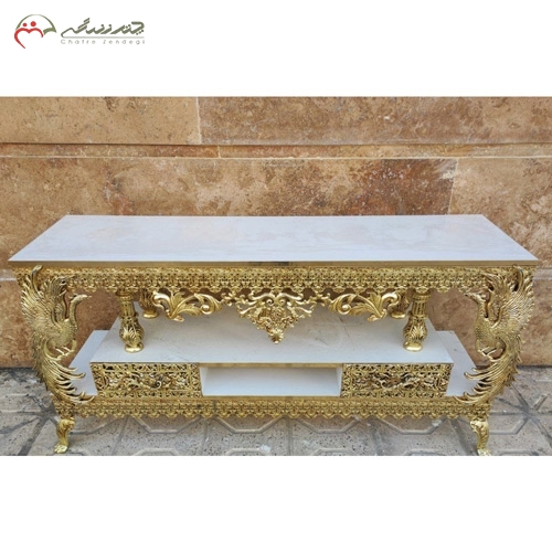 خرید، قیمت و مشخصات میز ال سی دی باکیفیت و امروزی آلیاژی و چوب ام دی اف، کشو بغل مدل طاووسی تاجدار زیر قیمت | چترزندگی