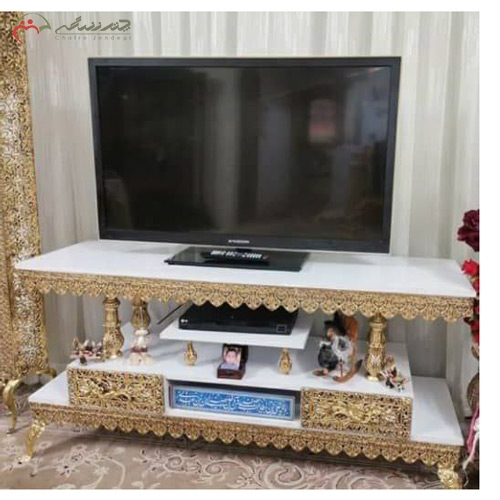 خرید، قیمت و مشخصات میز تلویزیون ساده و مدرن آلیاژی و چوب ام دی اف، کشو بغل مدل گل لاله زیر قیمت | چترزندگی