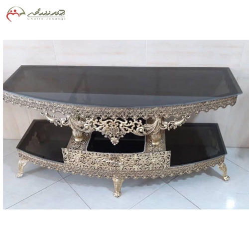 خرید، قیمت و مشخصات میز تلویزیون جلو خم آلیاژی و ام دی اف، امروزی و درجه 1 کشو وسط مدل بادمجانی زیر قیمت | چترزندگی