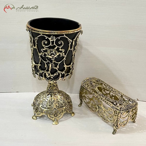 خرید، قیمت و مشخصات سطل و جا دستمال کاغذی برنزی ساده و جدید سایز متوسط با پایه توری طرح گل رز زیر قیمت | چترزندگی